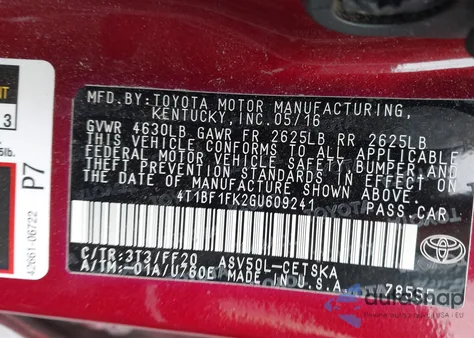 2016 Toyota Camry Se from USA, damaged, VIN 4T1BF1FK2GU609241
